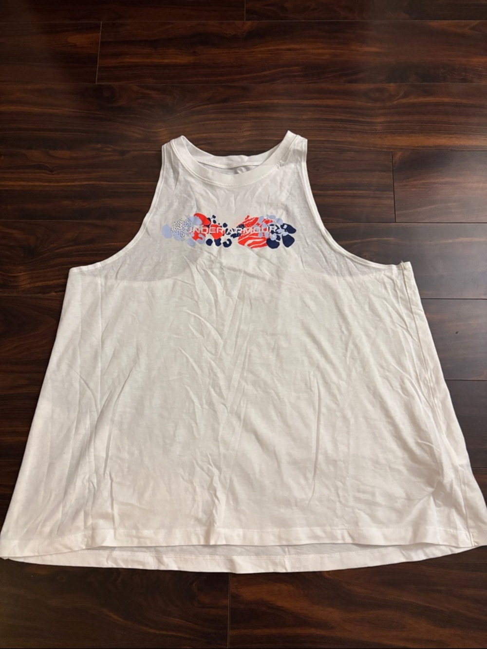 Under Armour White Muscle Racer Back Tank with Orange-Red and Blue Graphic